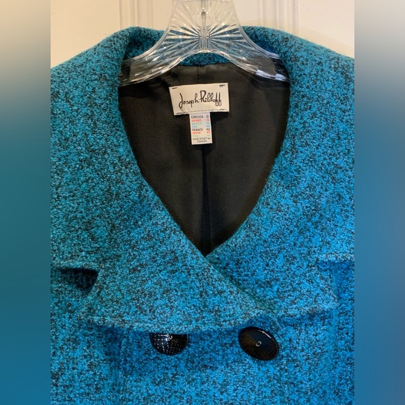Rare Vintage Joseph Ribkoff Teal Tweed Double Breasted Cropped Jacket - Size 12 - Picture 2 of 7